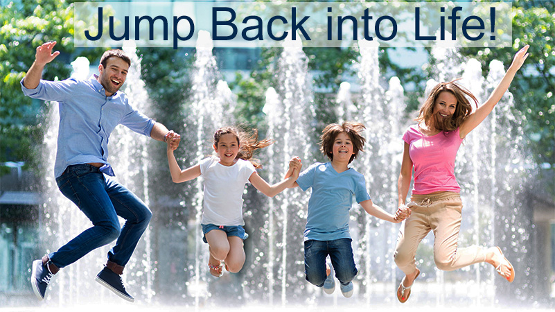 Jump back to LIfe! A family is shown jumping with enthusiasm. 