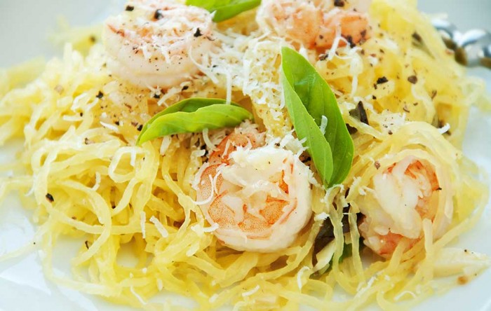 Roasted shrimp over Spaghetti Squash